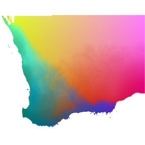 Predicted spatial variation in plant species composition. Colors represent gradients in species composition derived from transformed environmental predictors. Locations with similar colors are expected to contain similar plant communities.